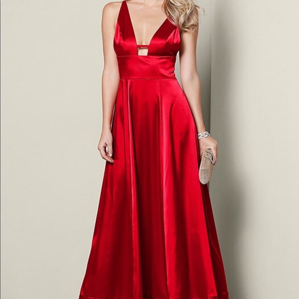 red satin dress with low v neck